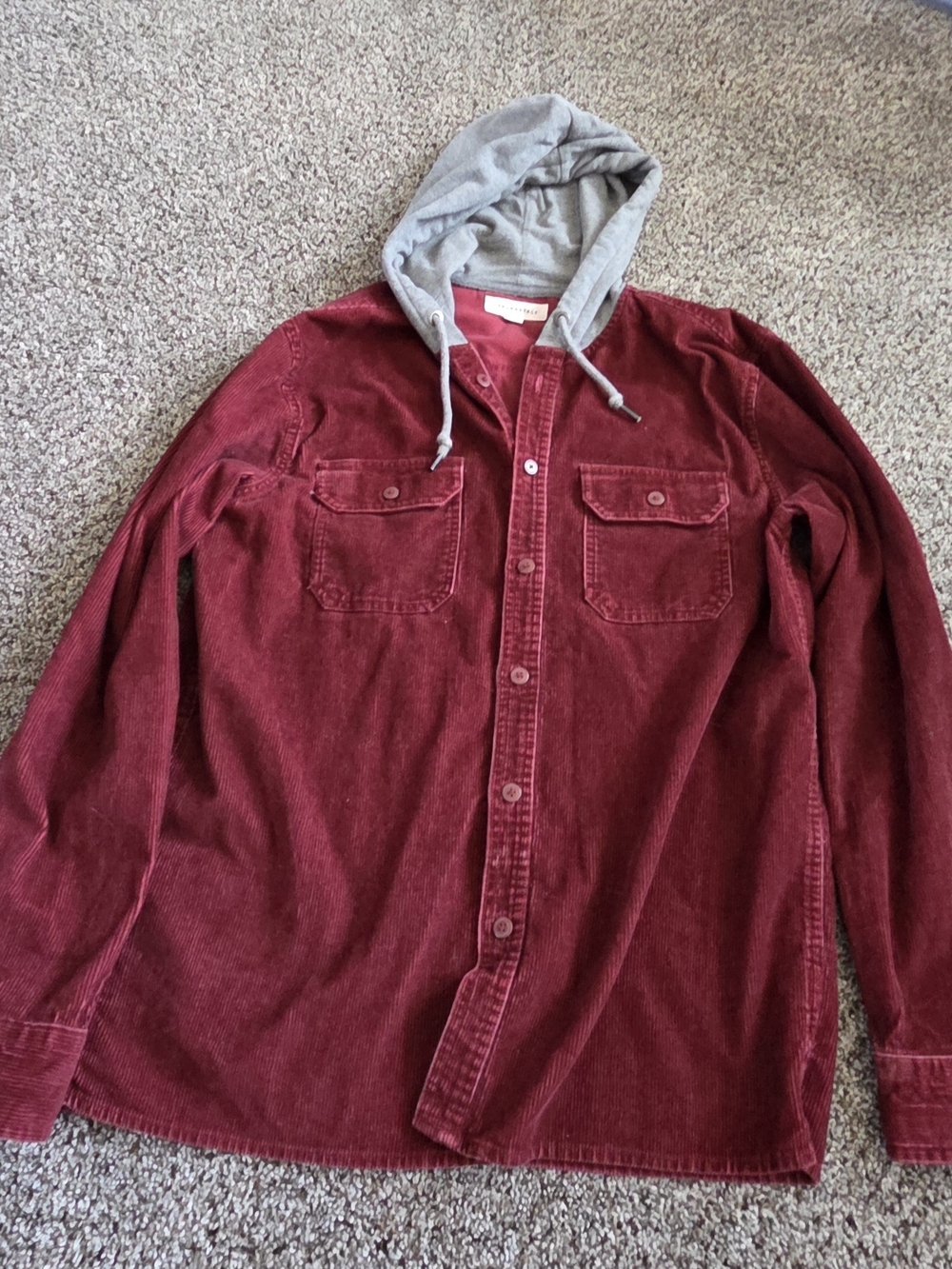 Aeropostale Red Corduroy Hooded Shirt Jacket with Gray Hood
